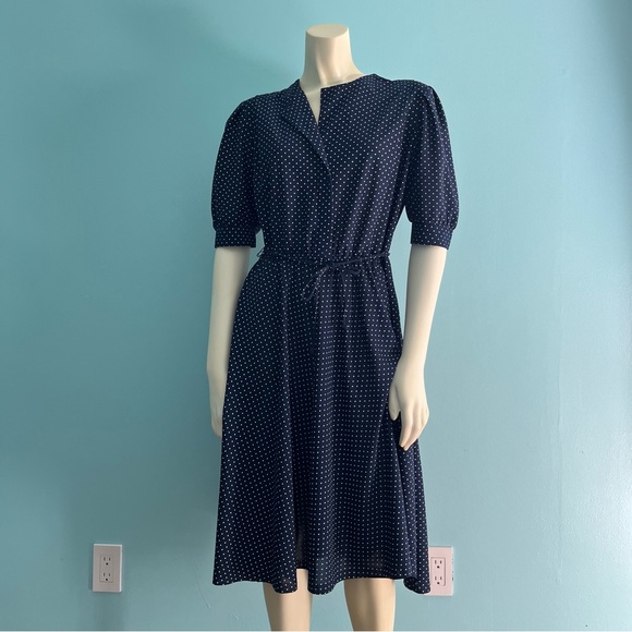 Franky B Dresses & Skirts - VINTAGE 70s Franky B Vintage Navy White Polka Dot Midi Dress
